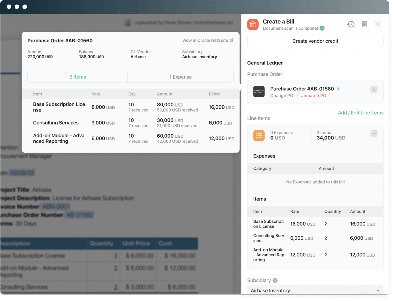 Screenshot of automated bill creation and 3-way match