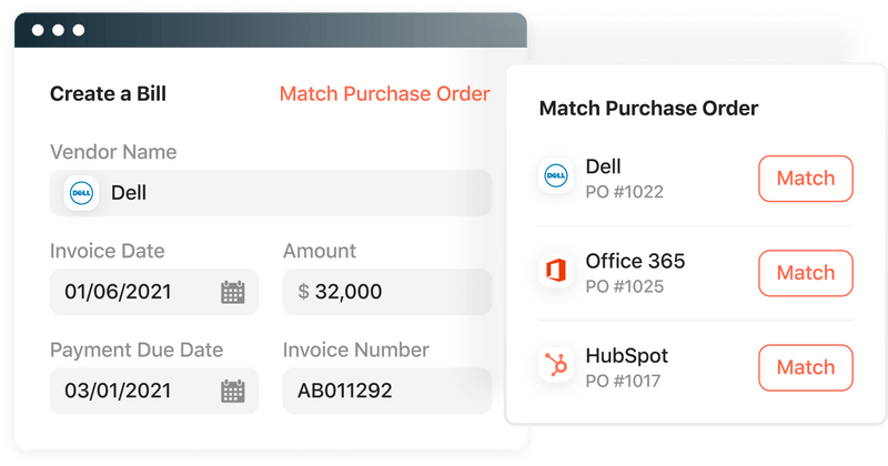 Product screenshot of a 3-way matching in Airbase. 