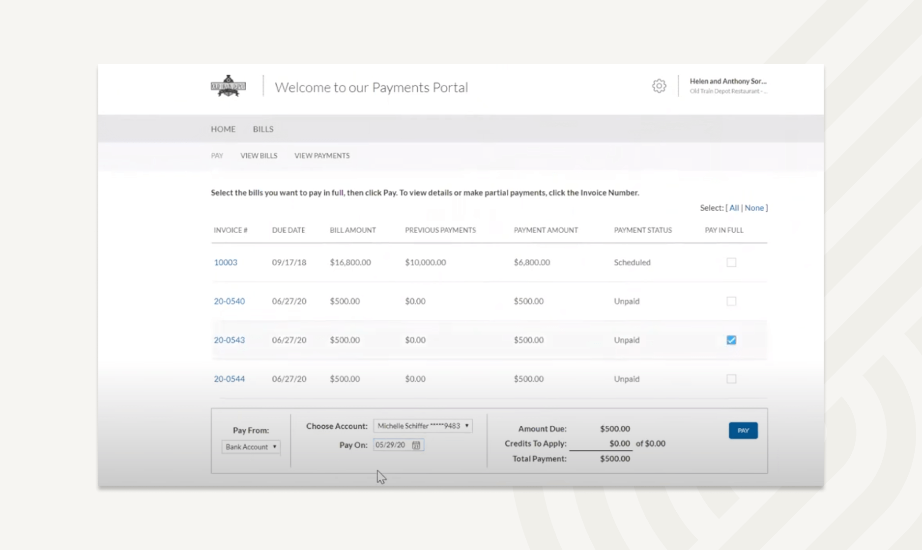 A dashboard gives a quick view of all bills