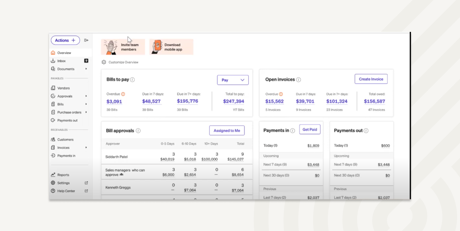 A dashboard offers an overview of bills and payments