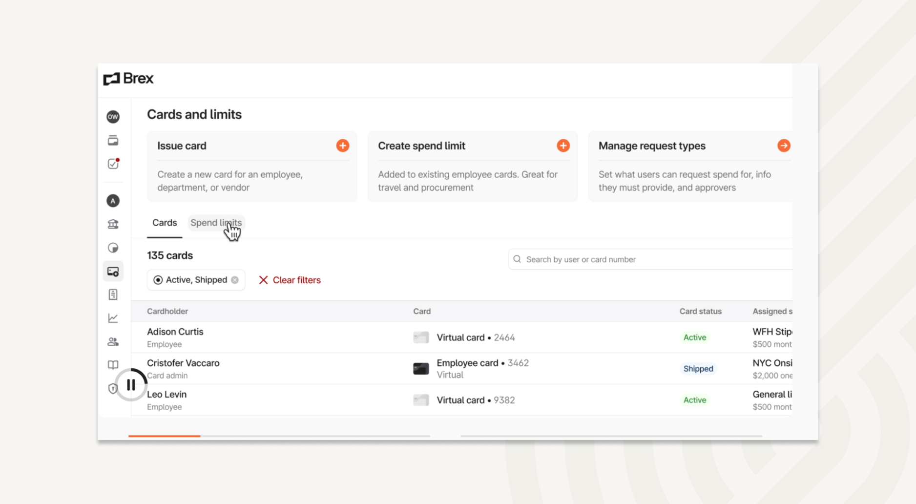 A dashboard to view users create spend limits and track spend
