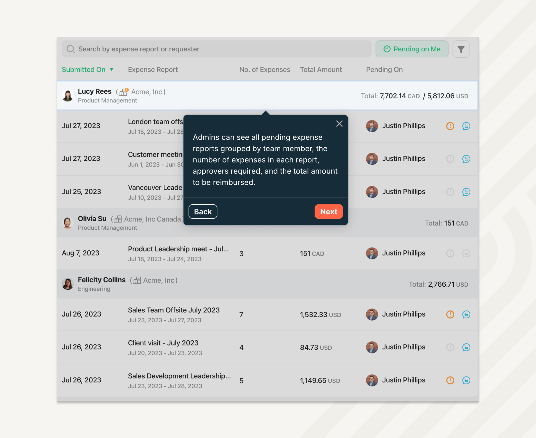 Admins get a detailed view of pending expense reports