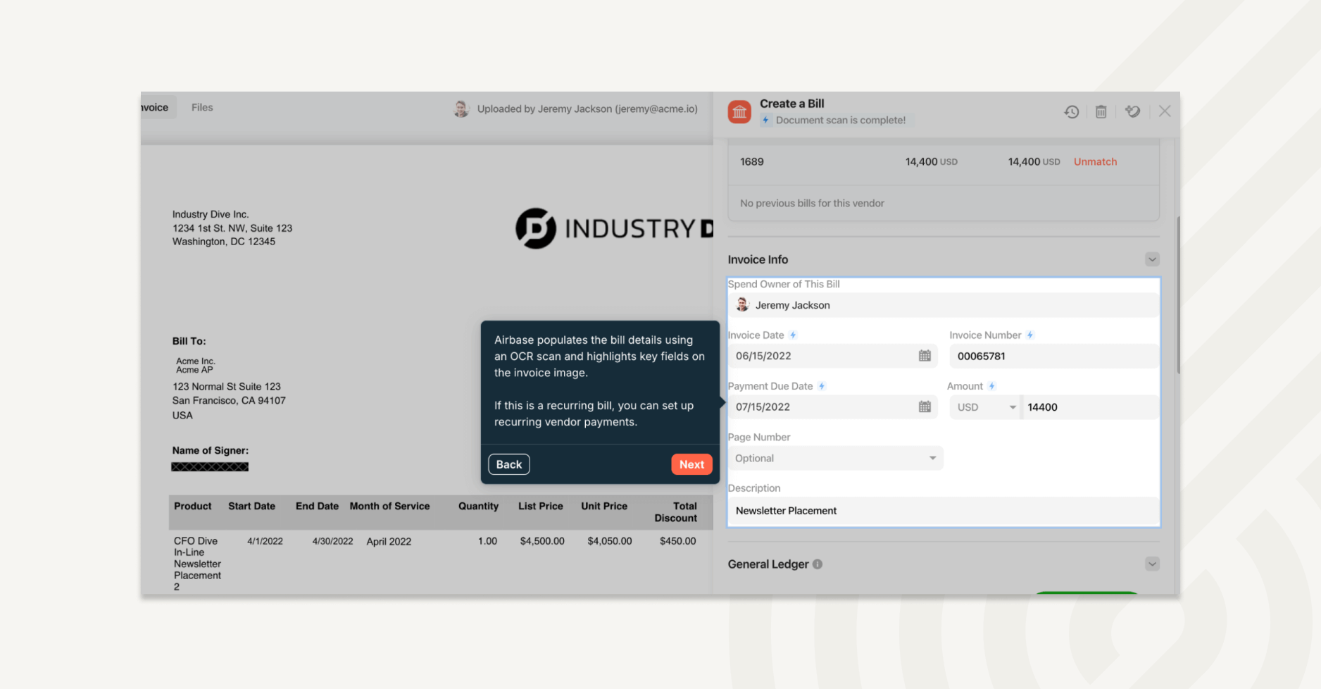 Airbase supports bill amortization and syncs the data to the GL