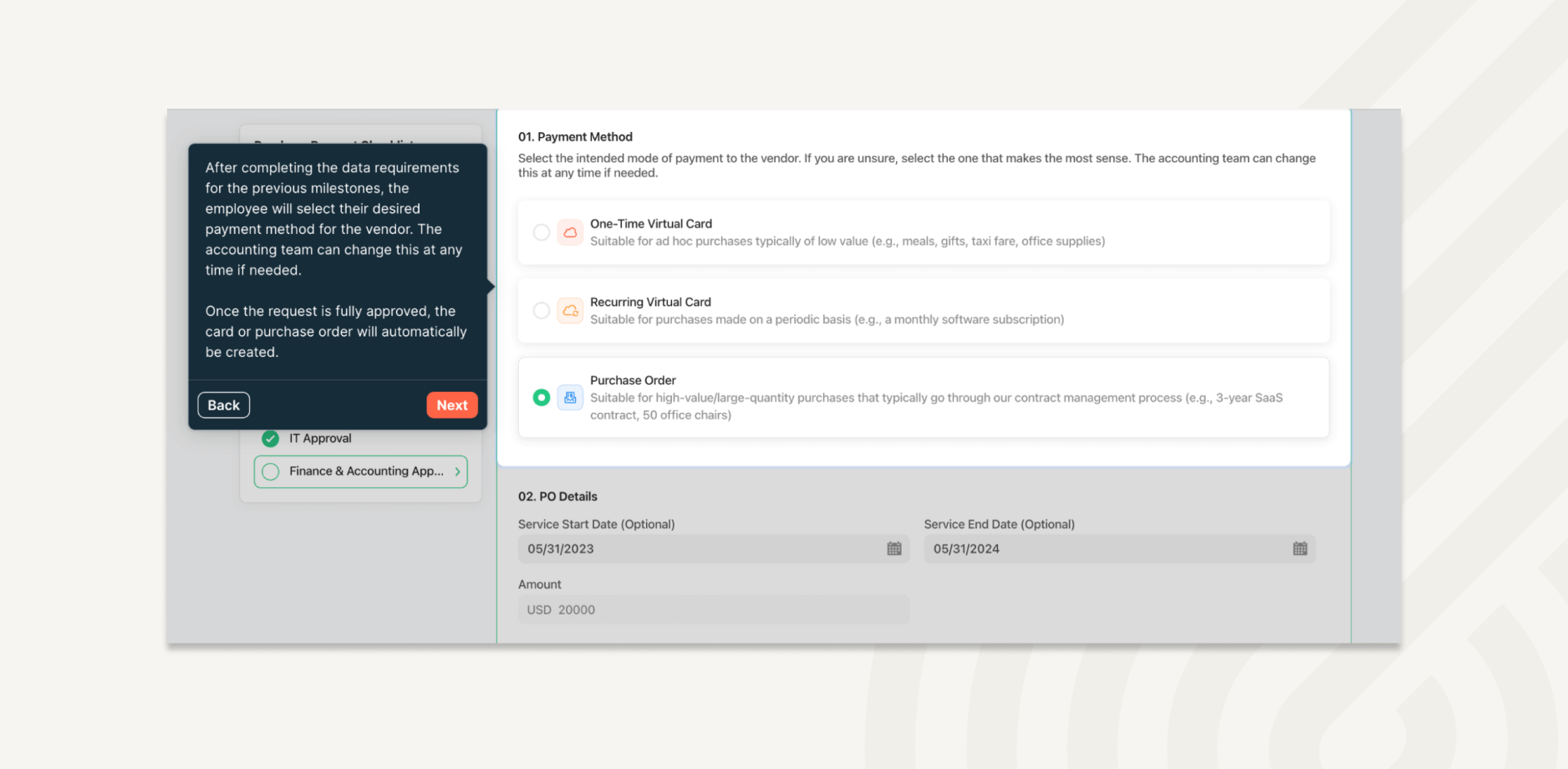 PO or virtual card is automatically created for approved purchase requests