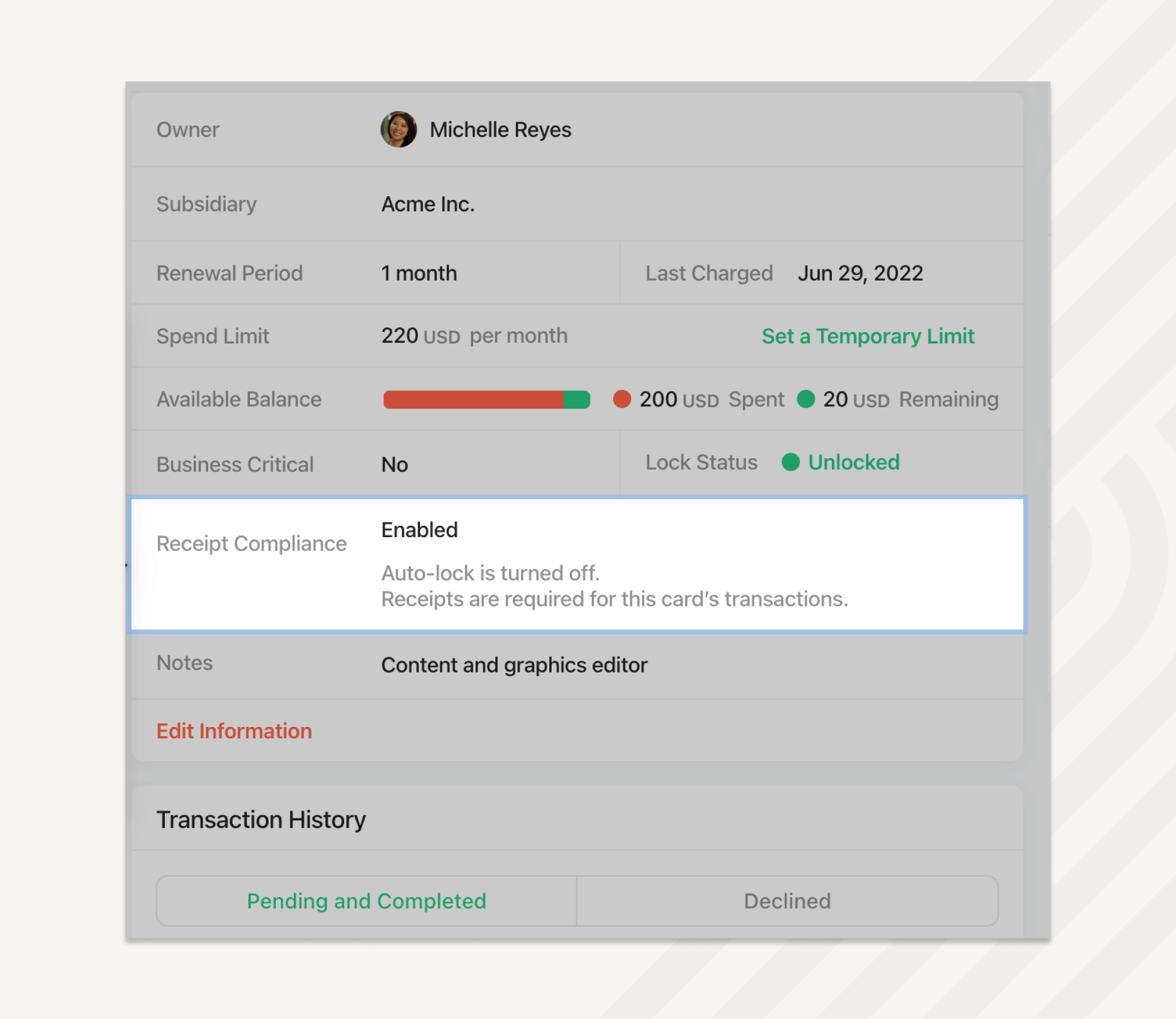 The auto-lock feature locks the card for non-compliant purchases