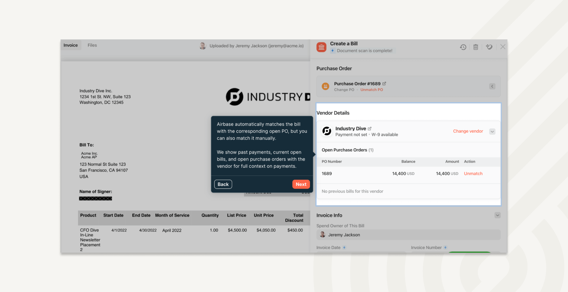 Airbase automatically matches bills with open POs