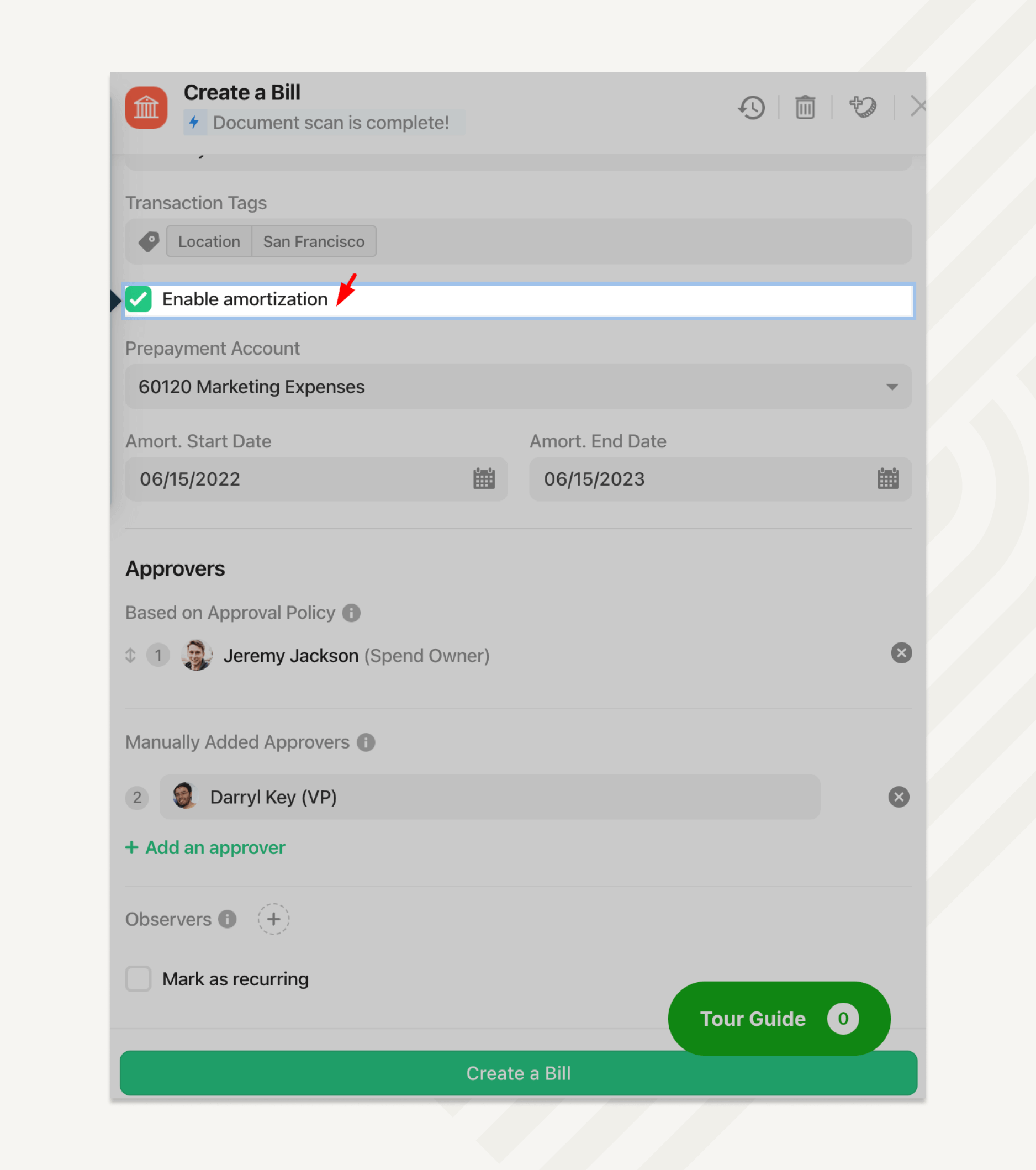 Airbase supports bill amortization and syncs the data to the GL