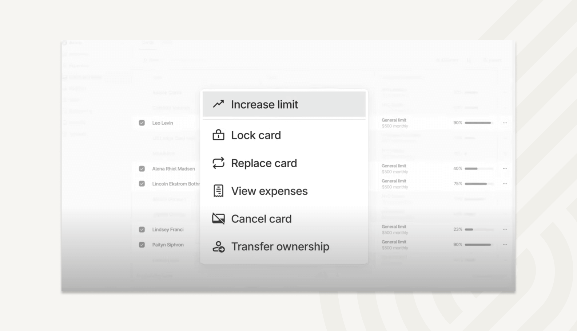 Card control center to manage cards and spend limits