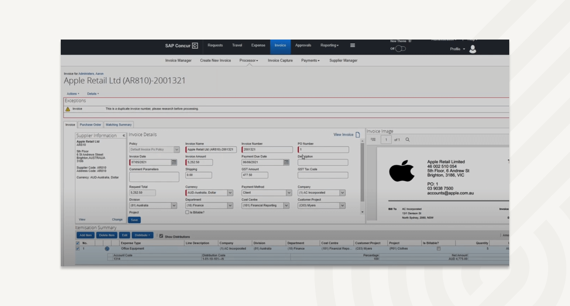 Concur Invoice captures line items and categorizes items by expense type