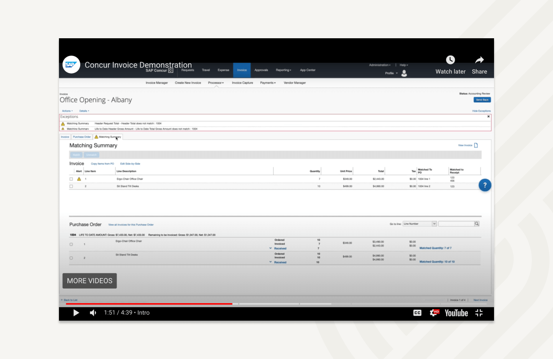 The Purchase Request module matches invoices with POs