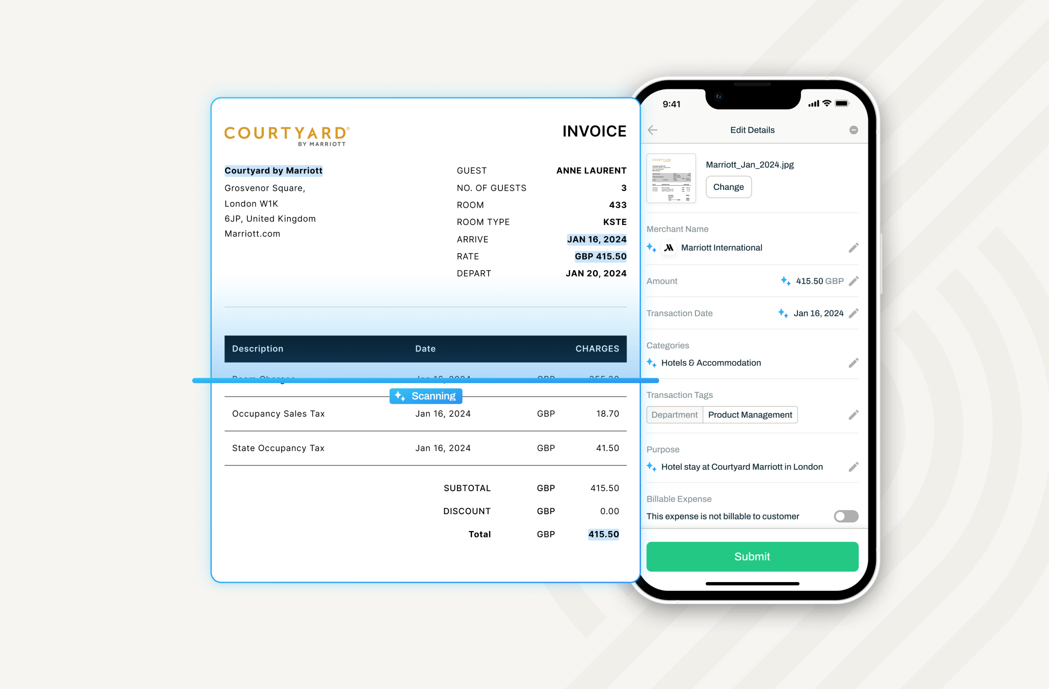 OCR technology scanning an invoice and extracting data