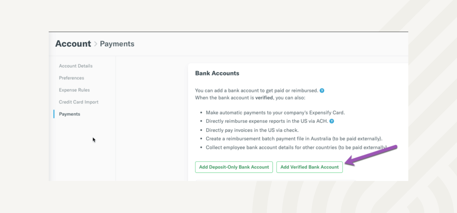Payments are managed by connecting a business bank account
