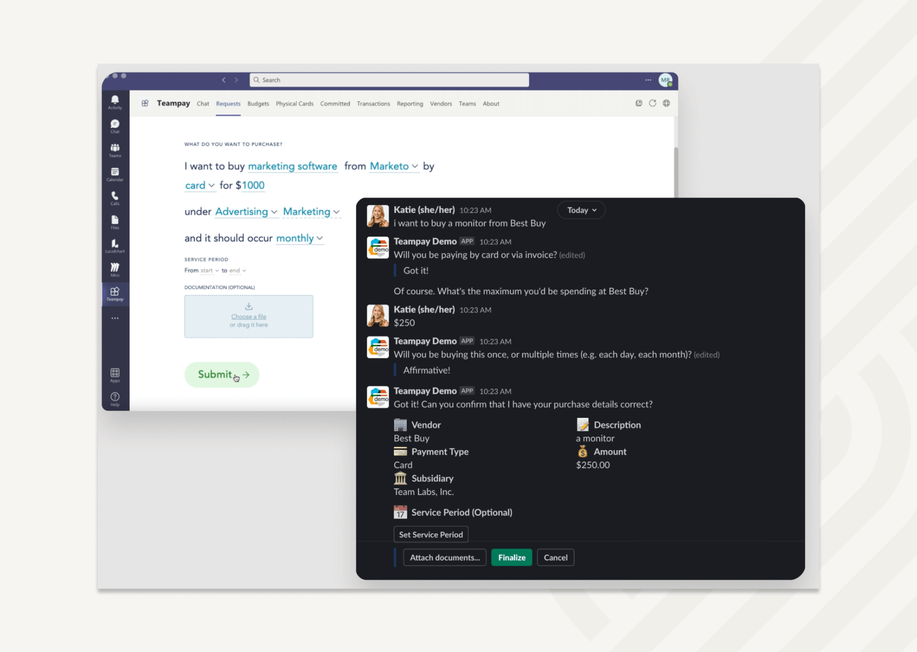 Teampay - Purchase Assistant guides employees through the purchase process