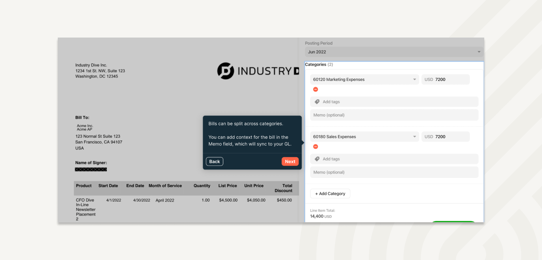 Users can add tags and split expenses across categories