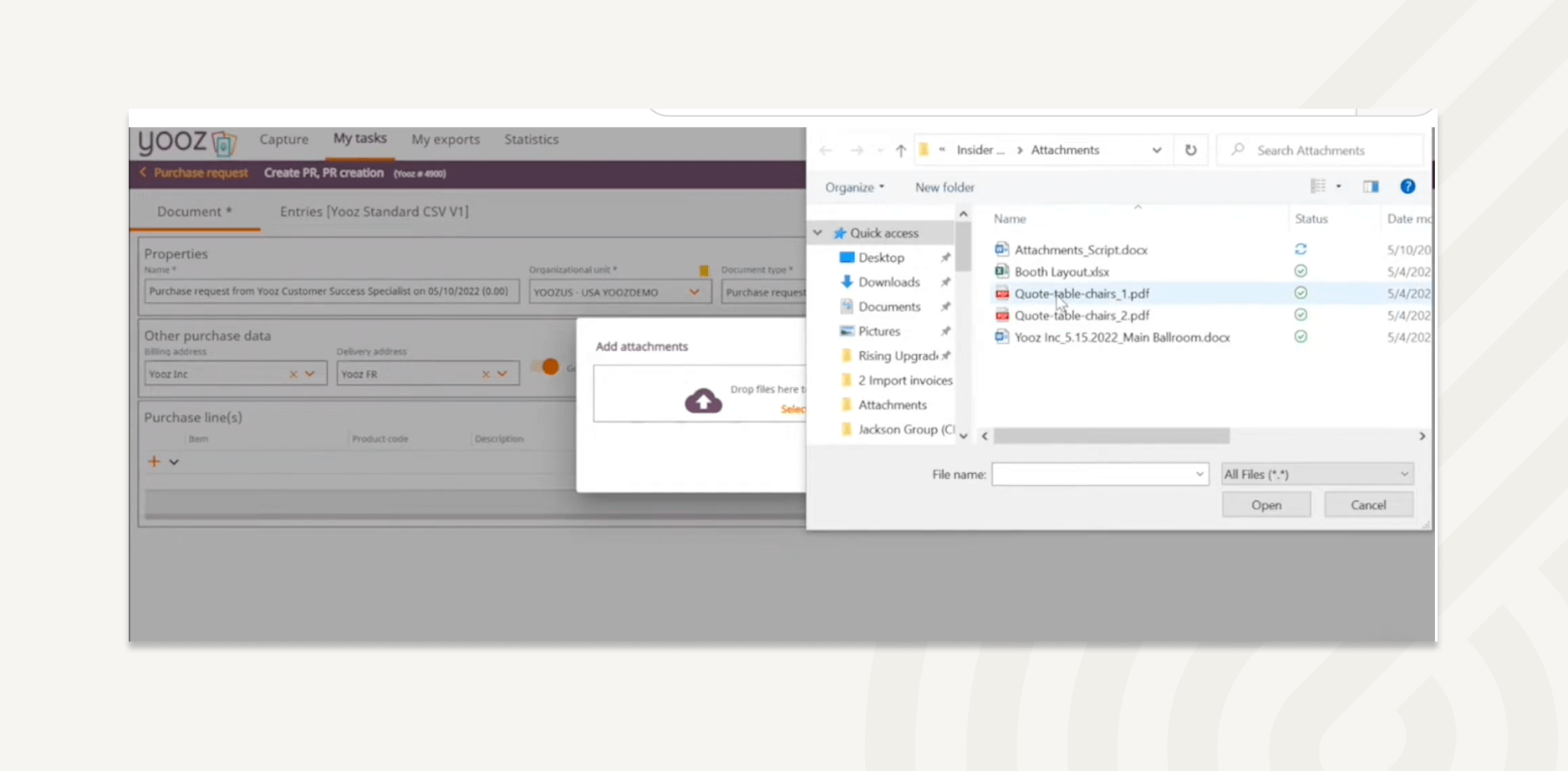 Yooz - Users can add attachments in multiple formats to purchase requests