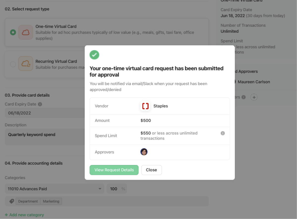 Screenshot of Employee Virtual Card Request 