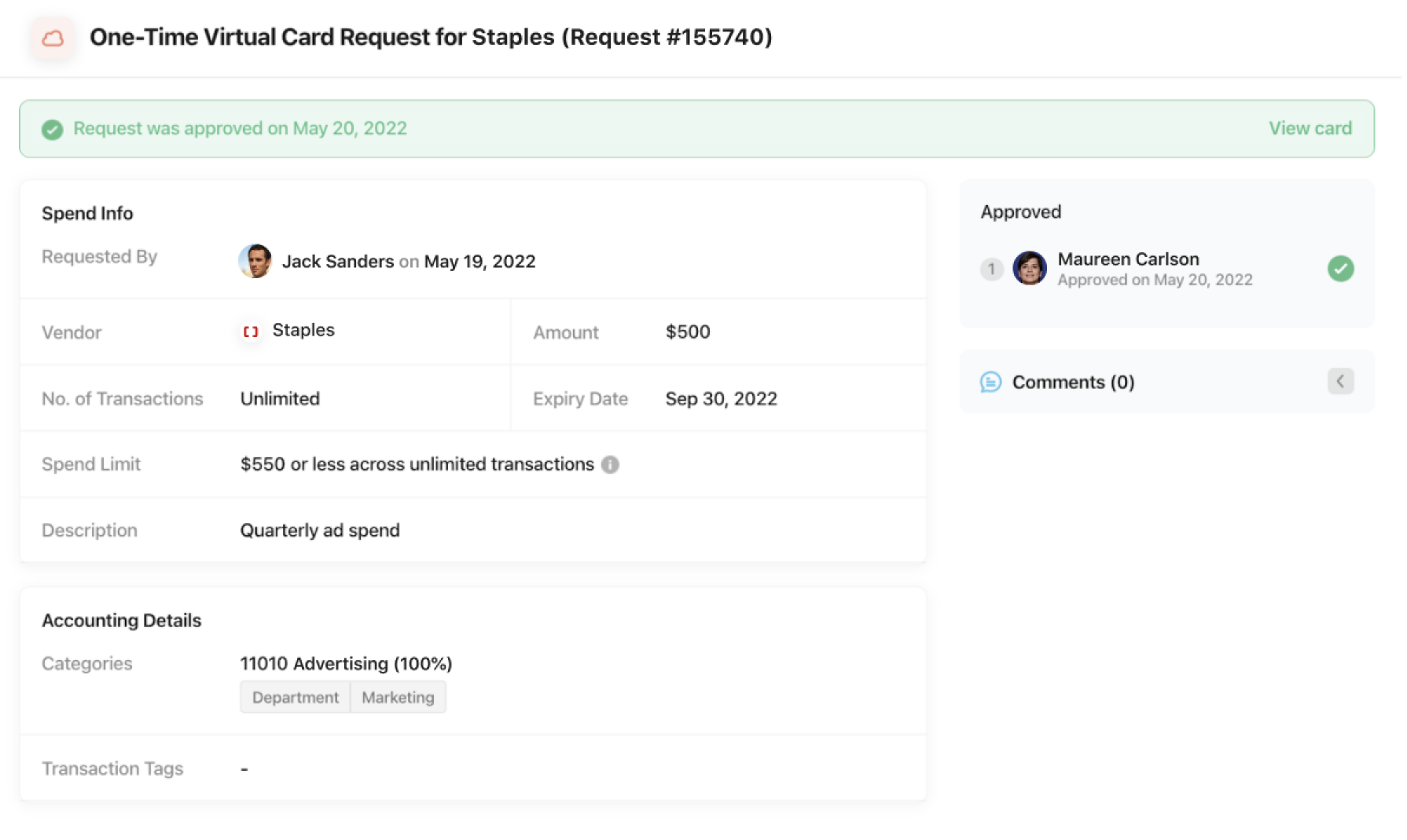 Screenshot of card approval