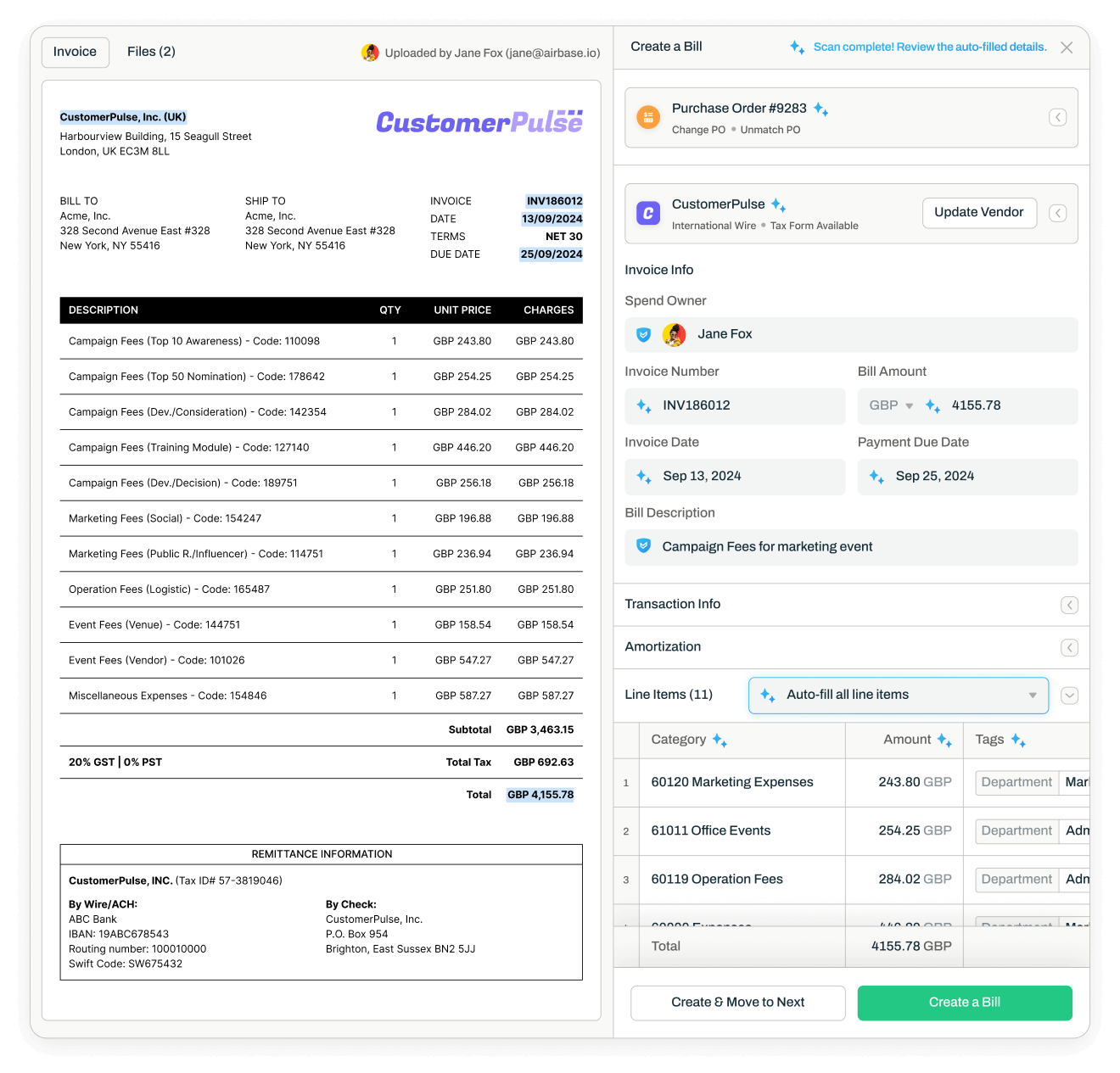 Screenshot of AI-powered OCR bill creation