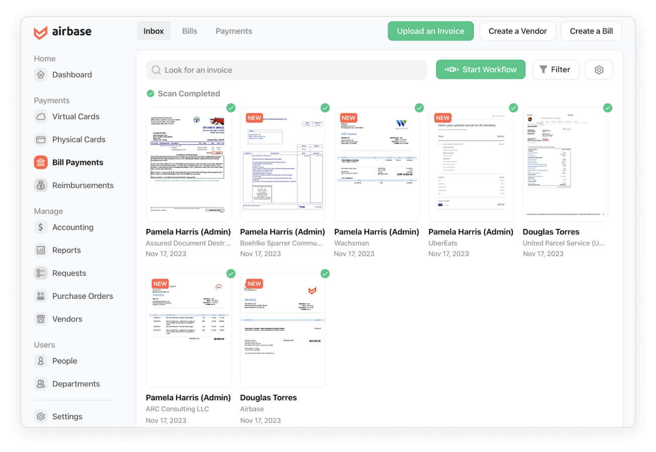 bill payments screen showing invoice scanning