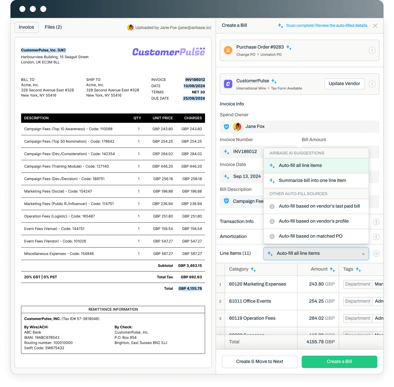 Screenshot of AI-powered OCR bill creation