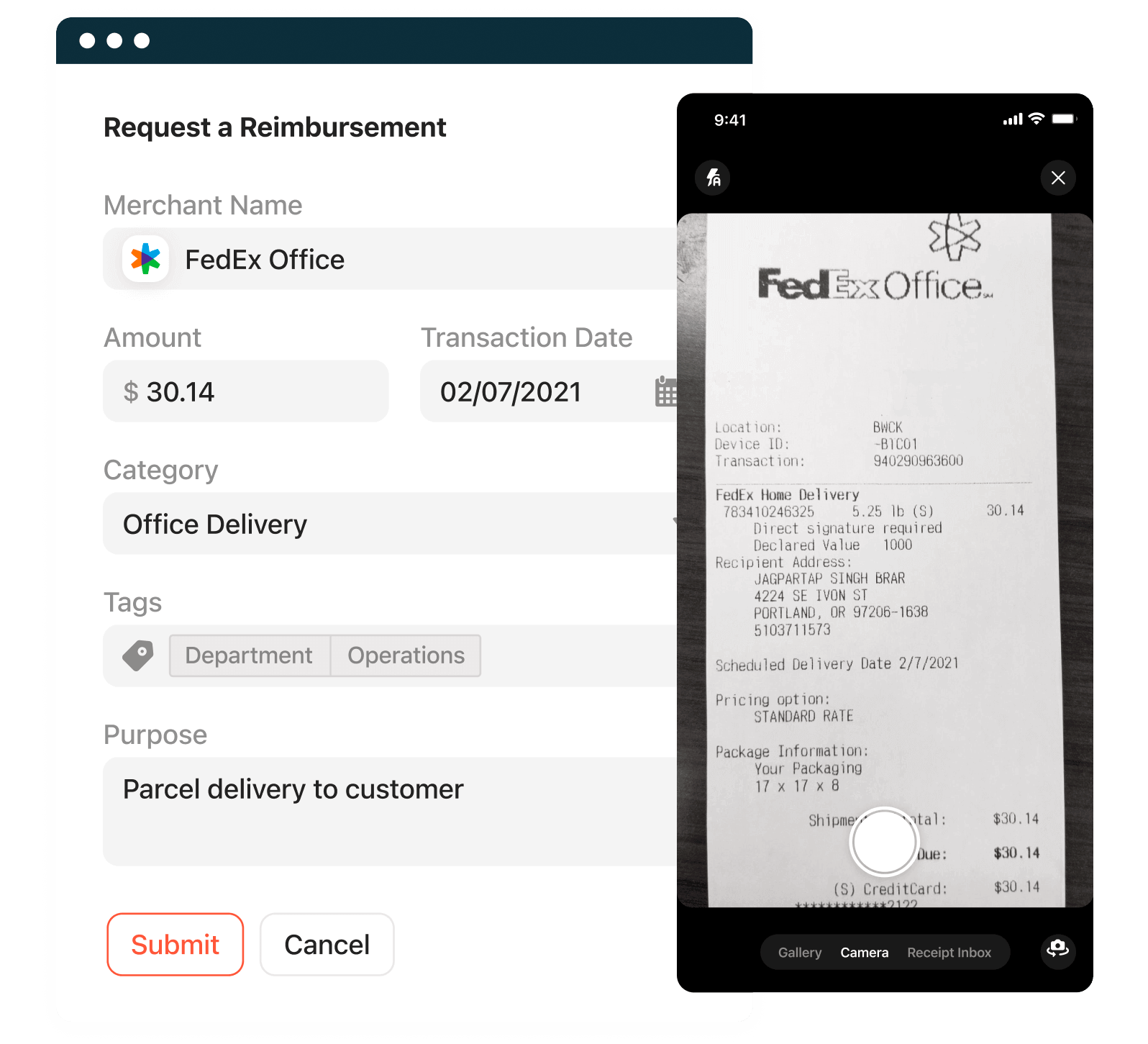 Screenshot of receipt management with picture of a phone with a receipt